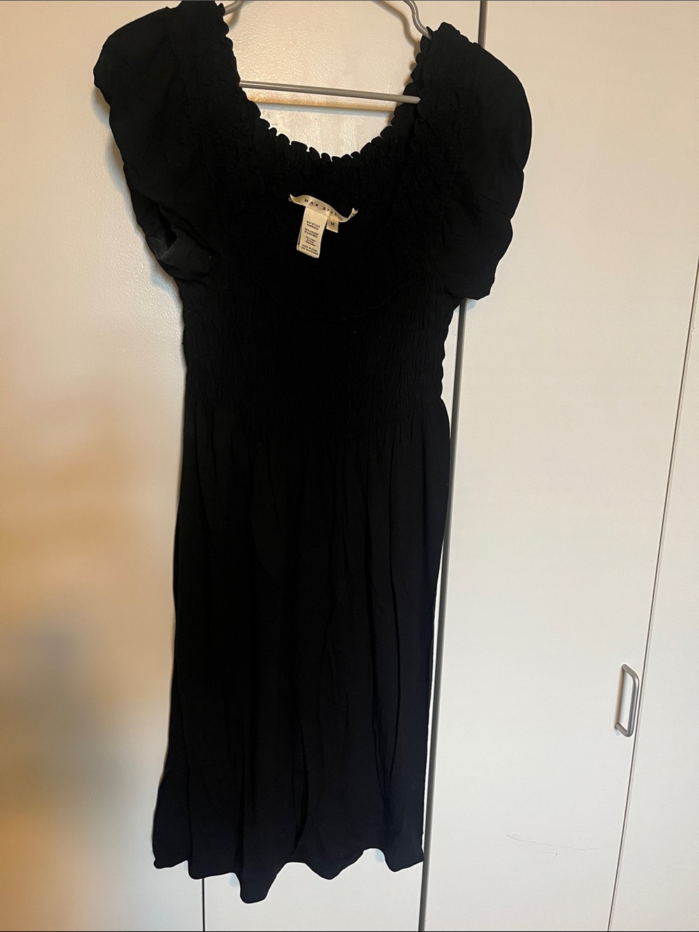 Black Smocked Waist Puff Sleeve Dress